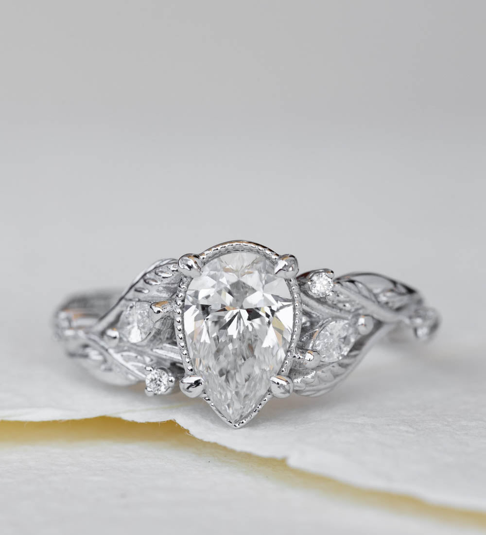 READY TO SHIP: Patricia ring in 14K white gold, lab grown diamond pear cut 8x6 mm, accent lab grown diamonds, AVAILABLE RING SIZES: 6-8US - Eden Garden Jewelry™
