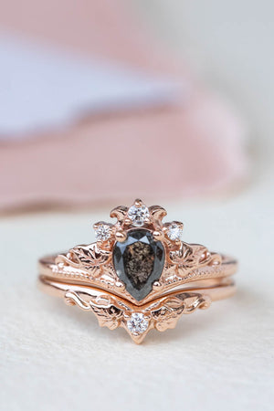 Pear salt and pepper diamond engagement ring, rose gold ivy leaves ring with diamonds / Ariadne - Eden Garden Jewelry™
