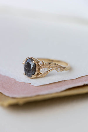 READY TO SHIP: Patricia ring in 14K yellow gold, natural salt and pepper diamond oval cut 8x6 mm, moissanites, AVAILABLE RING SIZES: 6-8US - Eden Garden Jewelry™