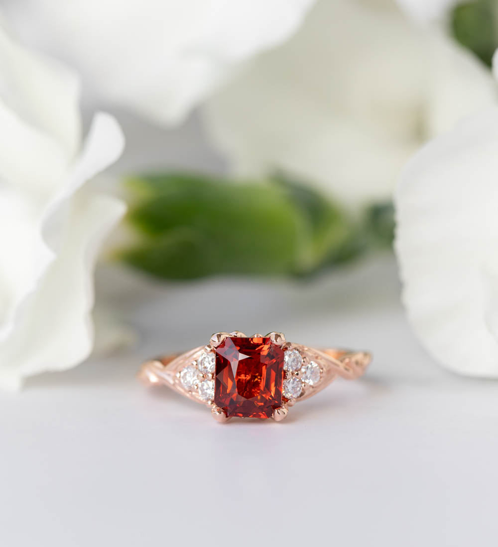 Emerald cut garnet engagement ring, rose gold proposal ring with diamonds / Gloria - Eden Garden Jewelry™