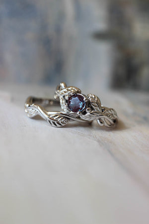 Lab alexandrite engagement ring, white gold nature themed promise ring / Cornus - Eden Garden Jewelry™