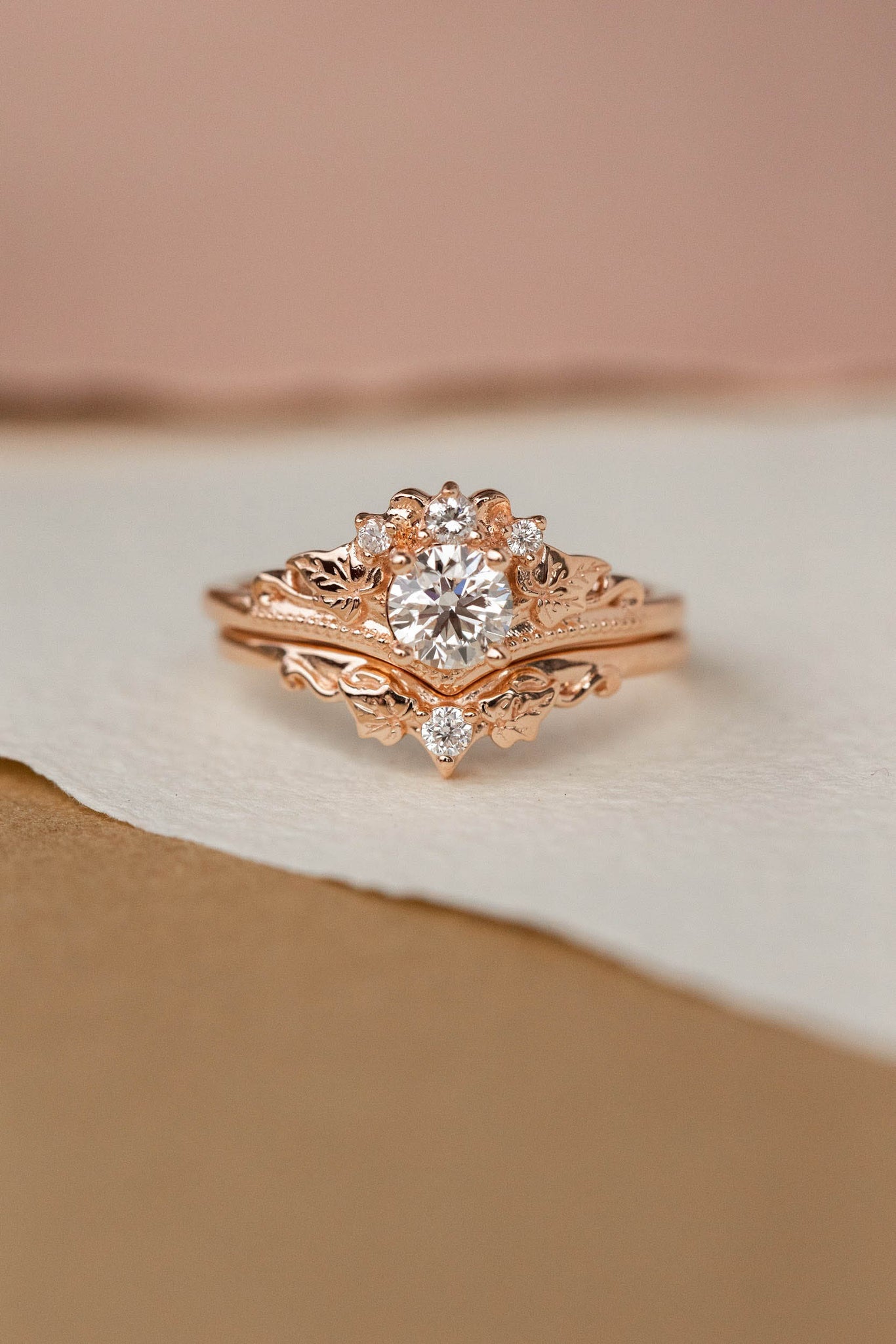 Lab grown diamond bridal ring set, gold ivy leaves engagement rings / Ariadne - Eden Garden Jewelry™