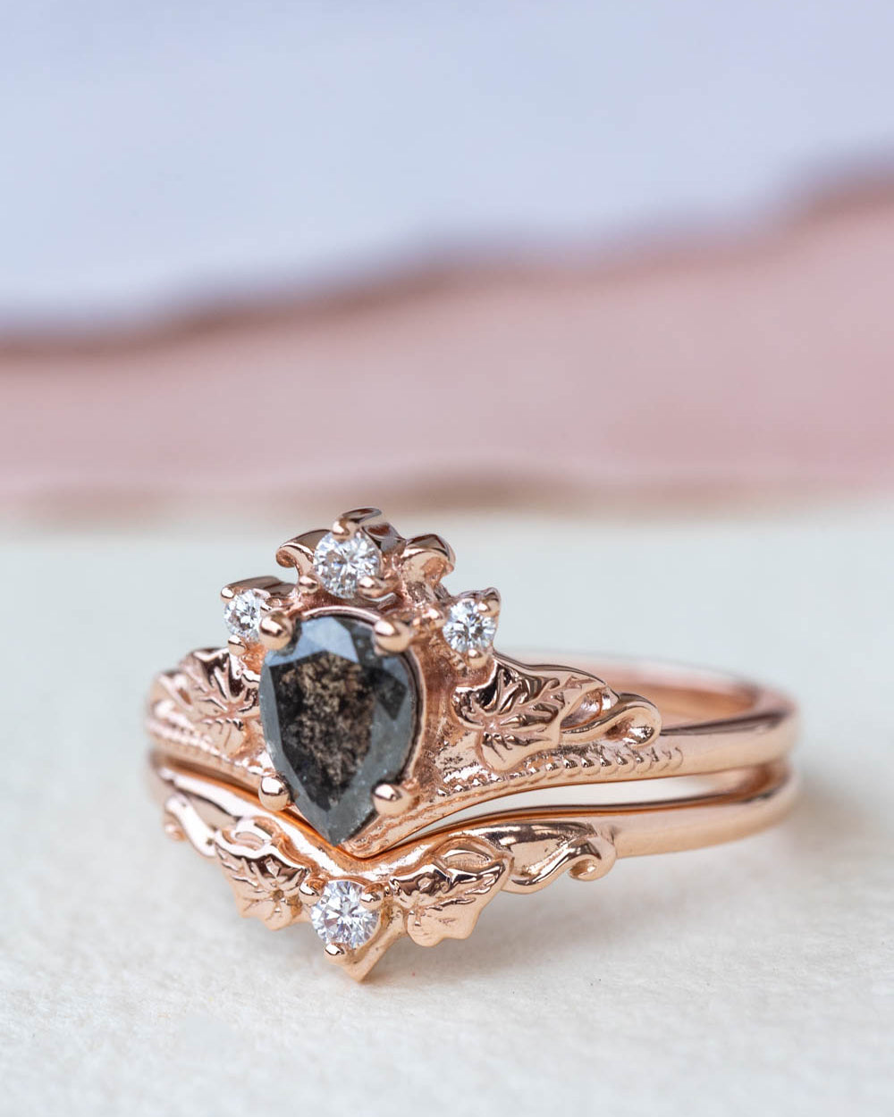 Pear cut salt & pepper diamond bridal ring set / Ariadne - Eden Garden Jewelry™