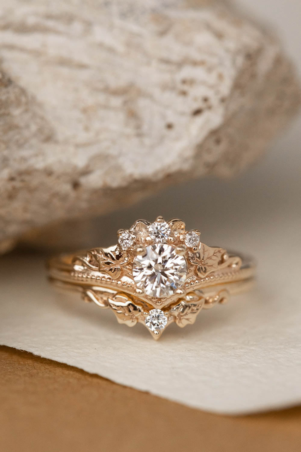 0.5 carat lab grown diamond engagement ring set, gold ivy leaves bridal rings / Ariadne - Eden Garden Jewelry™