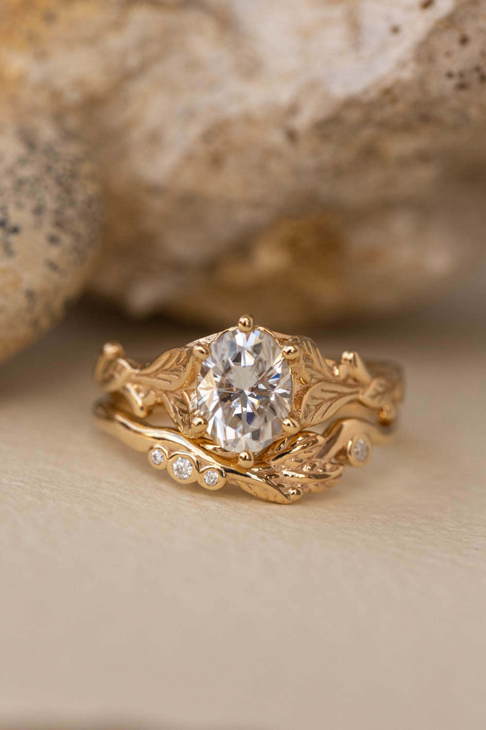Moissanite nature inspired engagement ring set, gold leaves engagement and wedding rings / Freesia - Eden Garden Jewelry™