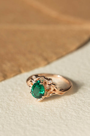Pear lab emerald engagement ring, vintage inspired gold ring with diamonds / Lida small - Eden Garden Jewelry™