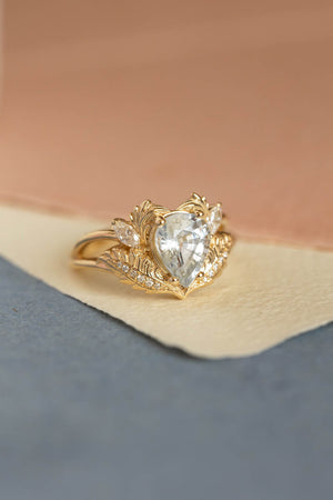White sapphire engagement ring, gold nature themed proposal ring / Adonis - Eden Garden Jewelry™