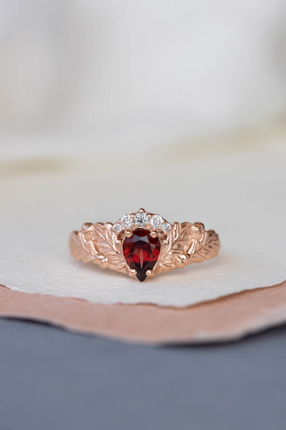 Diamond crown and garnet engagement ring, gorgeous nature inspired proposal ring / Royal Oak - Eden Garden Jewelry™