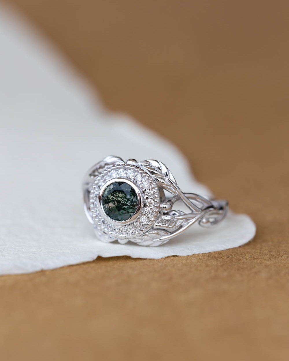 Moss agate and diamond halo engagement ring, nature themed gold branch ring  / Tilia halo - Eden Garden Jewelry™