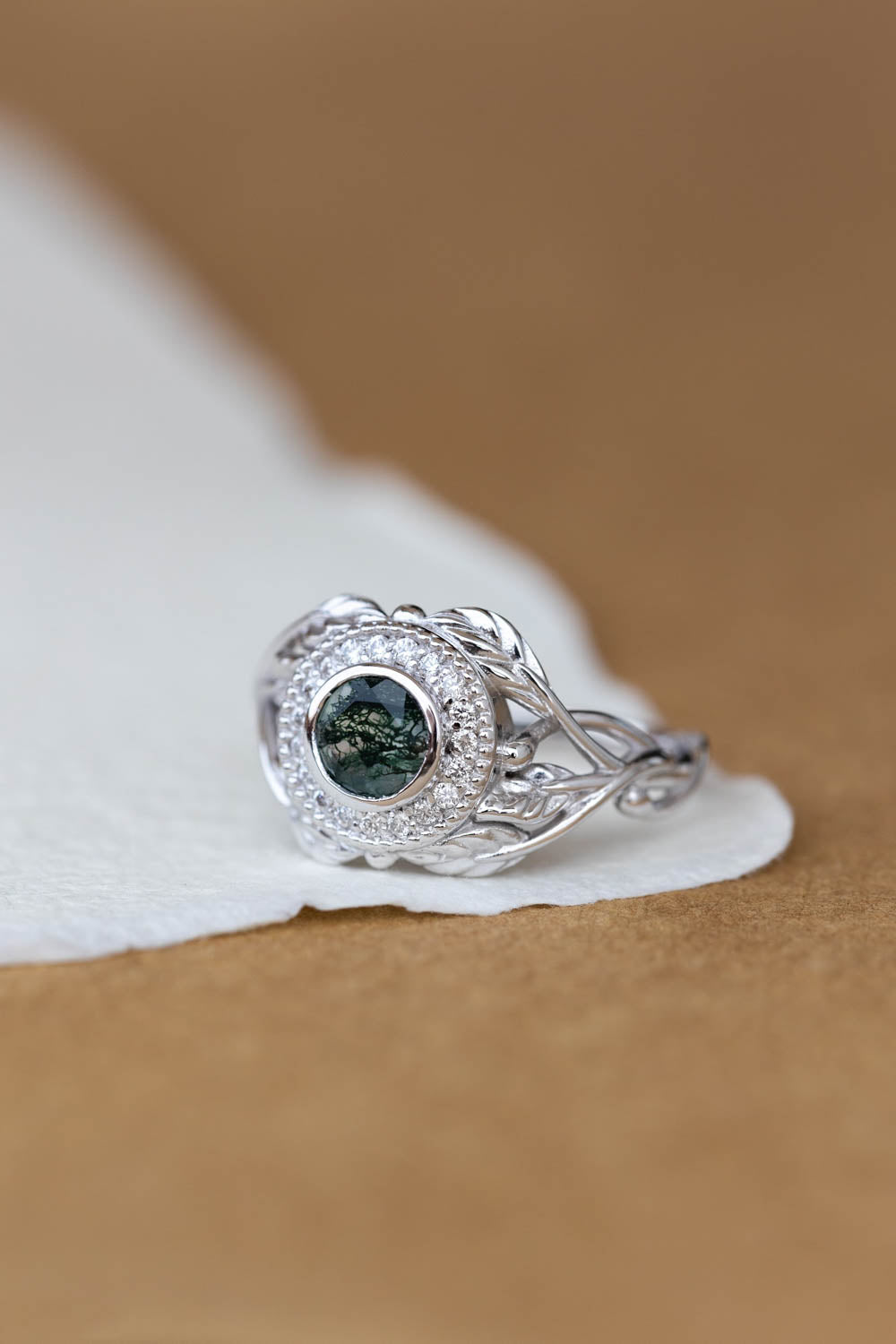 Moss agate and diamond halo engagement ring, nature themed gold branch ring  / Tilia halo - Eden Garden Jewelry™