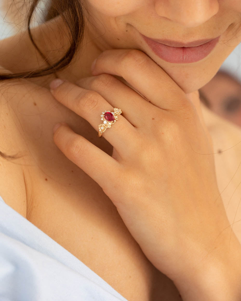 Ruby and crown diamonds engagement ring, gold flower proposal ring / Adelina - Eden Garden Jewelry™