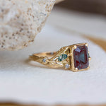 READY TO SHIP: Patricia ring in 14K yellow gold, lab alexandrite emerald cut 8x6 mm, accent moss agates and salt&pepper diamonds, AVAILABLE RING SIZES: 6-8US - Eden Garden Jewelry™