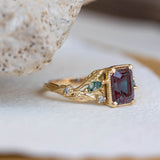 READY TO SHIP: Patricia ring in 14K yellow gold, lab alexandrite emerald cut 8x6 mm, accent moss agates and salt&pepper diamonds, AVAILABLE RING SIZES: 6-8US - Eden Garden Jewelry™