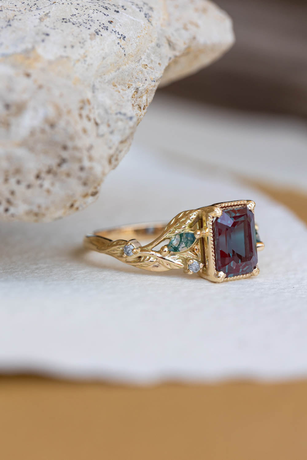 READY TO SHIP: Patricia ring in 14K yellow gold, lab alexandrite emerald cut 8x6 mm, accent moss agates and salt&pepper diamonds, AVAILABLE RING SIZES: 6-8US - Eden Garden Jewelry™