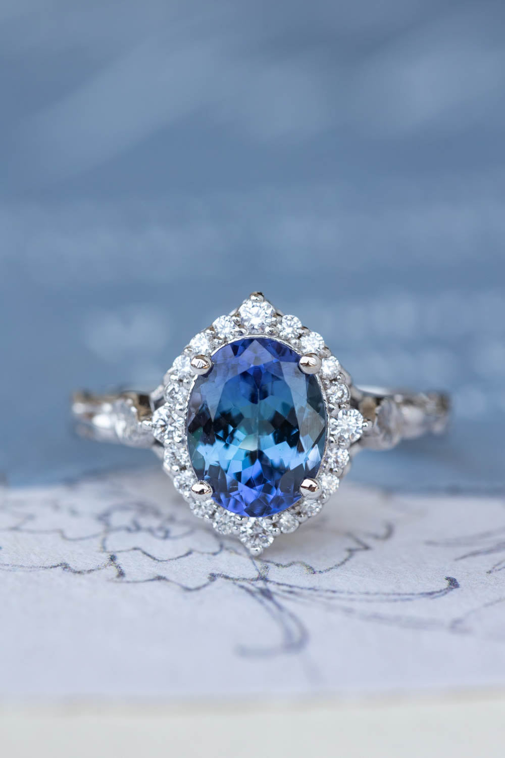 Color Combo Blue Heated and Purple Unheated Cuprian Tourmaline and Diamond  Ring
