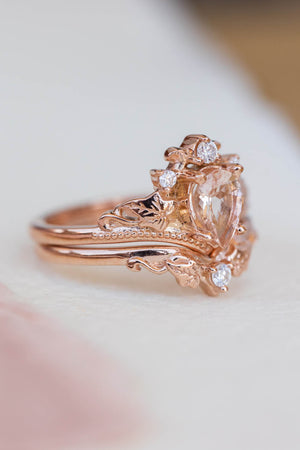 Natural pear morganite bridal ring set, rose gold ivy leaves engagement rings / Ariadne - Eden Garden Jewelry™