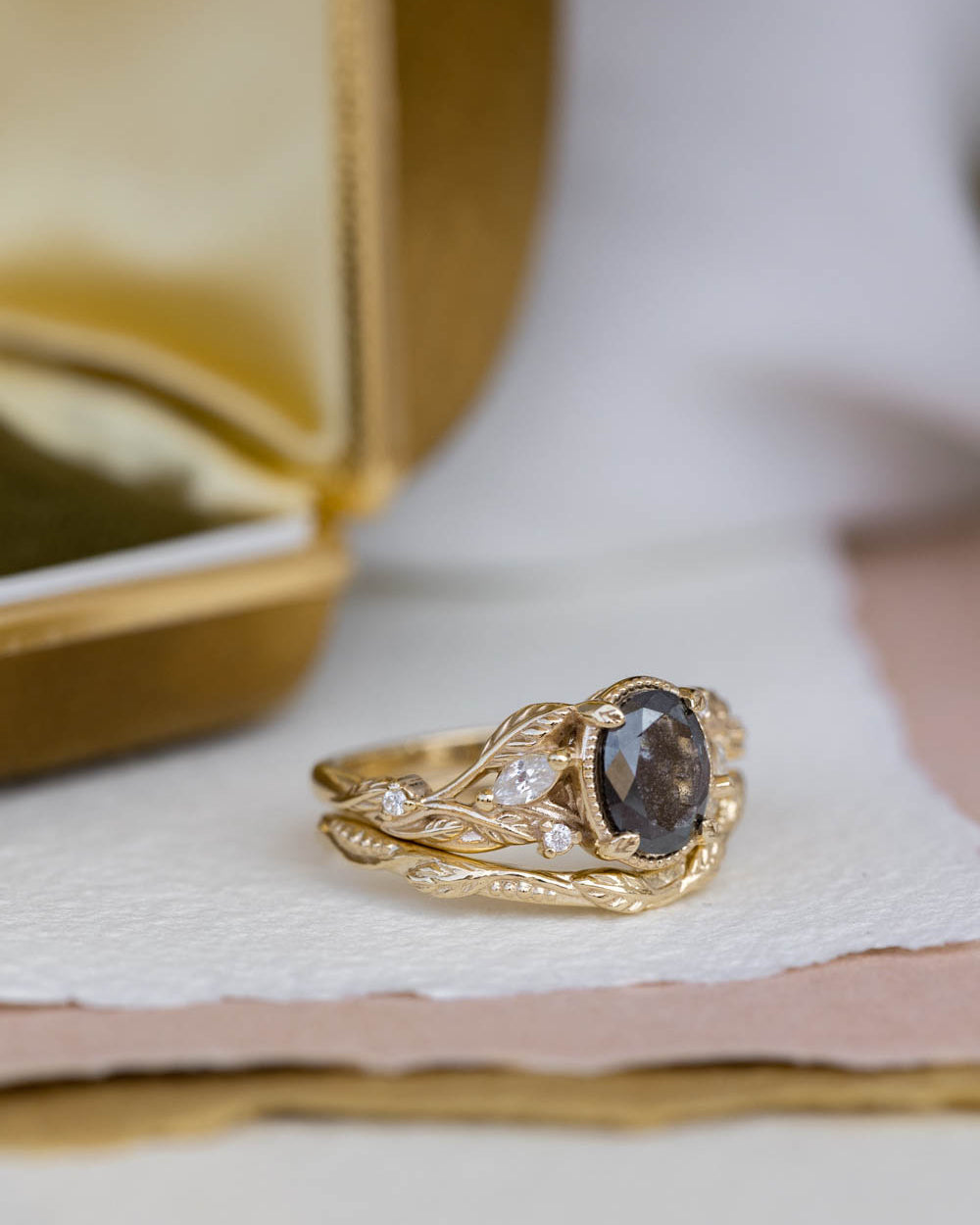 Oval salt and pepper diamond engagement ring set, nature inspired bridal ring set with diamonds / Patricia - Eden Garden Jewelry™
