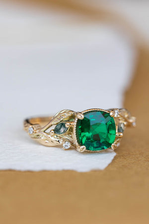 Lab emerald and moss agates branch engagement ring, cushion cut gemstone gold proposal ring / Patricia - Eden Garden Jewelry™