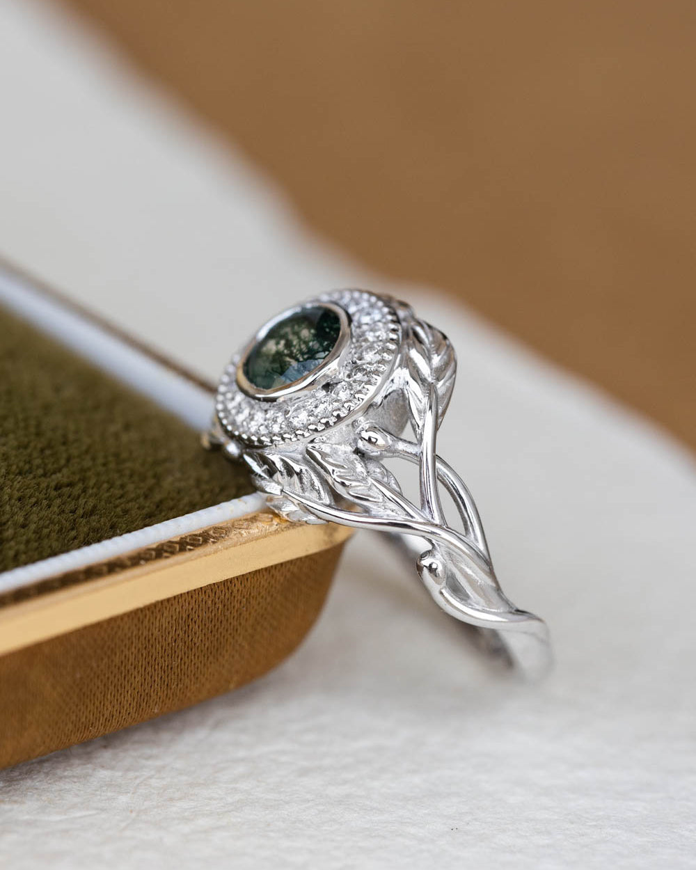 Moss agate and diamond halo engagement ring, nature themed gold branch ring  / Tilia halo - Eden Garden Jewelry™