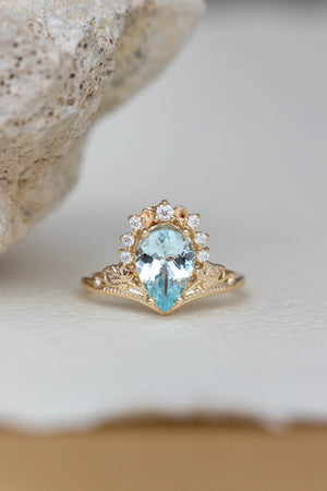 Aquamarine engagement ring, yellow gold proposal ring with diamond crown / Ariadne - Eden Garden Jewelry™