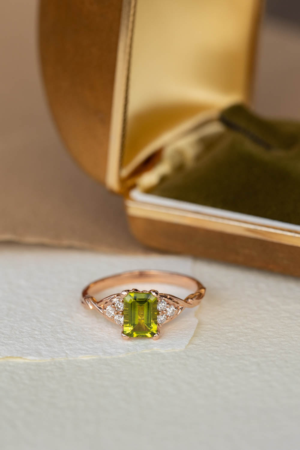 Peridot engagement ring, emerald cut gemstone proposal ring with accent diamonds / Gloria - Eden Garden Jewelry™