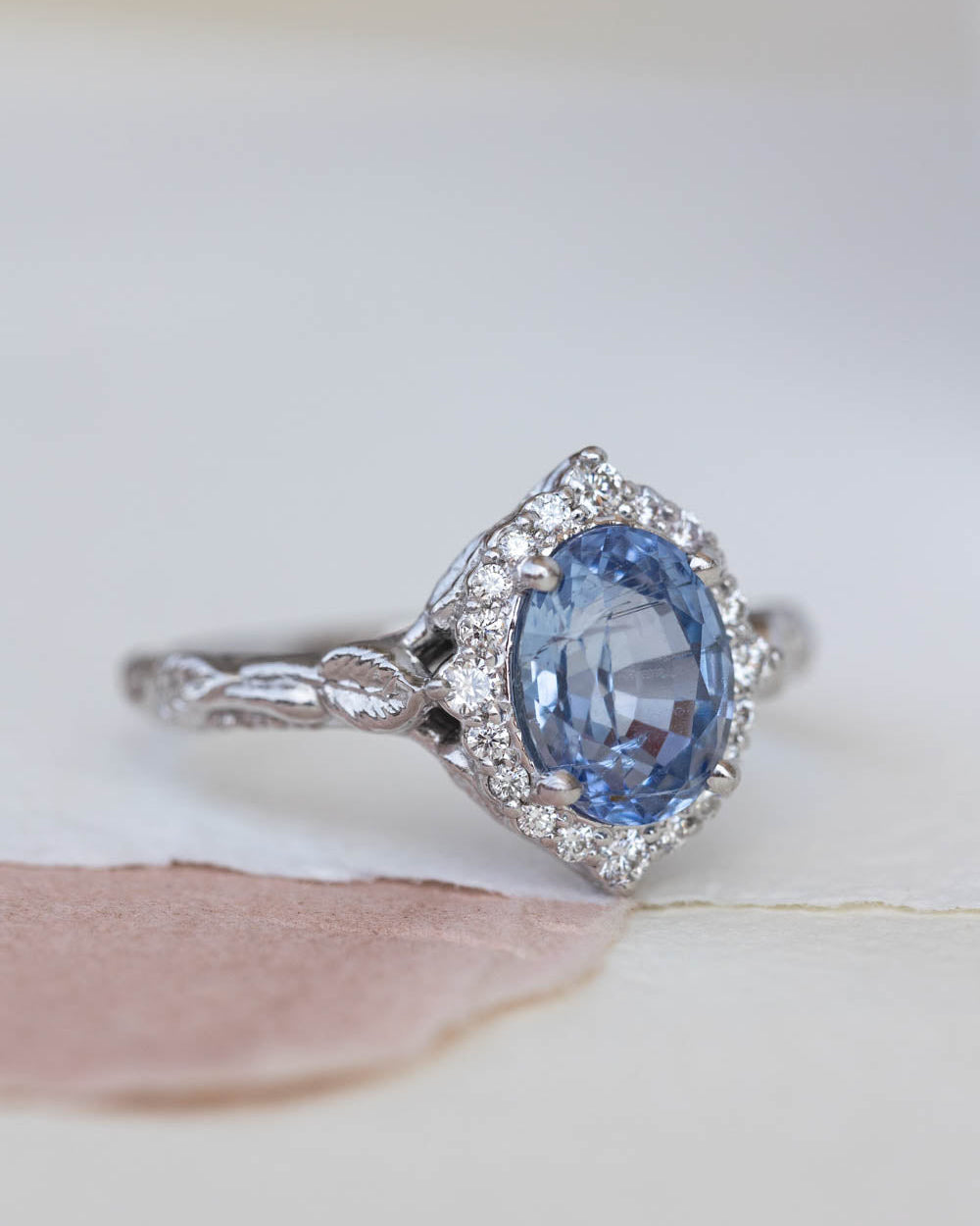 Natural sapphire and diamond halo engagement ring set, gorgeous bridal ring set with diamonds / Florentina - Eden Garden Jewelry™