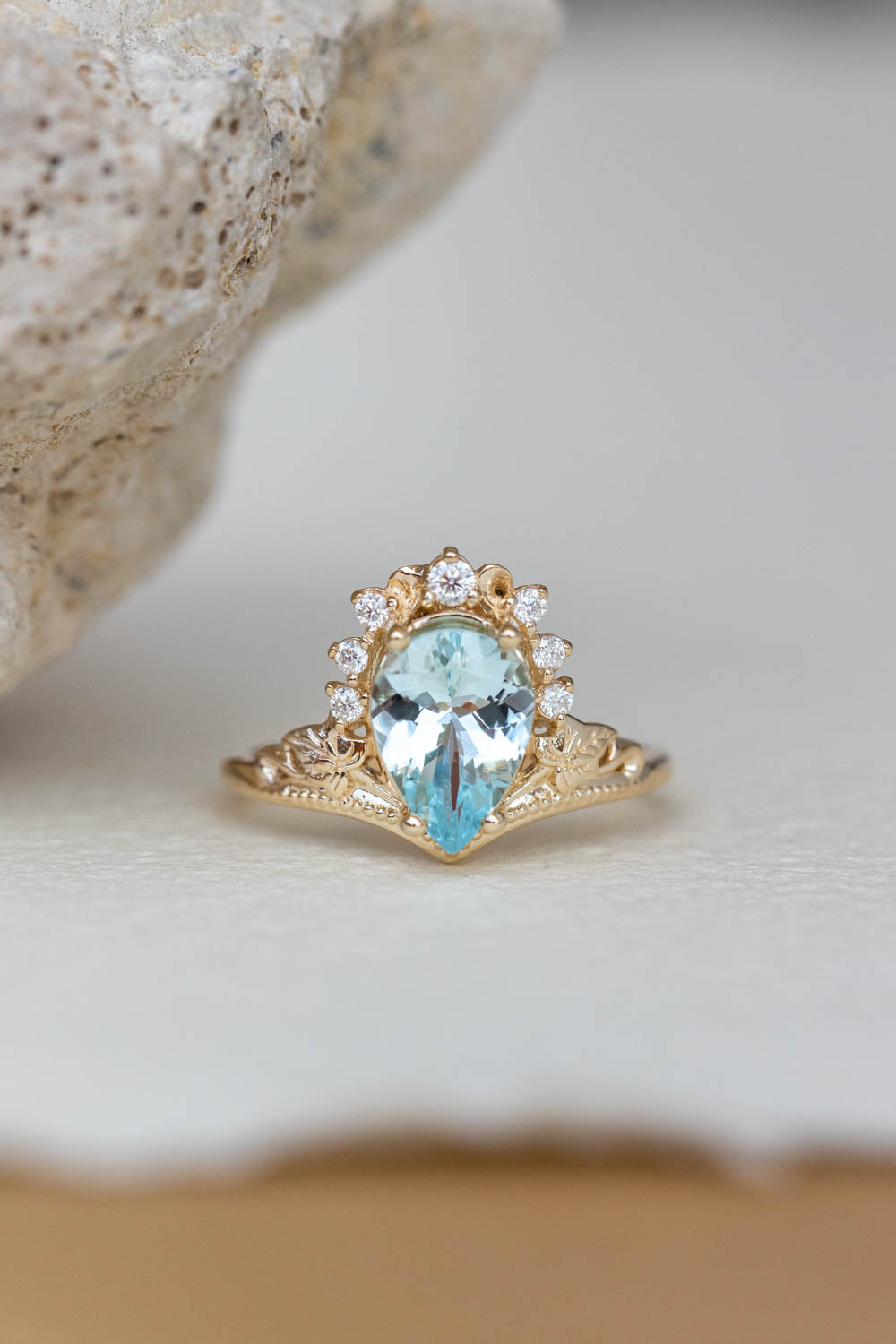 2.8 carat aquamarine bridal ring set, big pear cut engagement rings with diamond crown / Ariadne - Eden Garden Jewelry™
