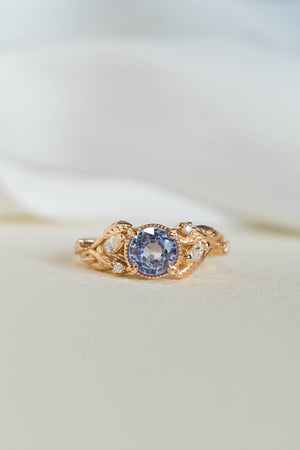 Natural lavender sapphire engagement ring, gold leaves ring with diamonds / Patricia - Eden Garden Jewelry™