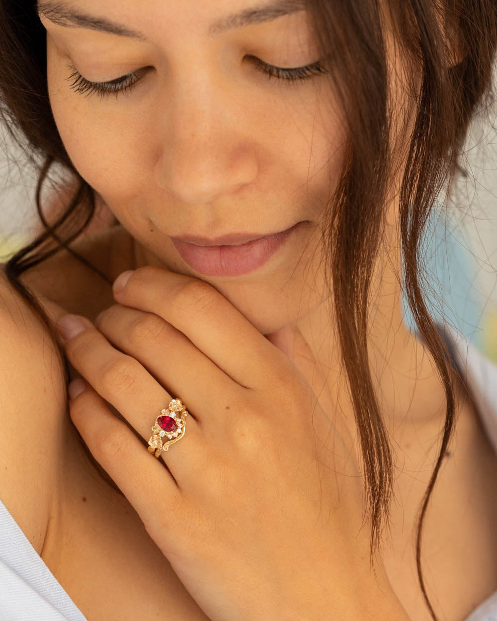 Ruby and crown diamonds engagement ring, gold flower proposal ring / Adelina - Eden Garden Jewelry™