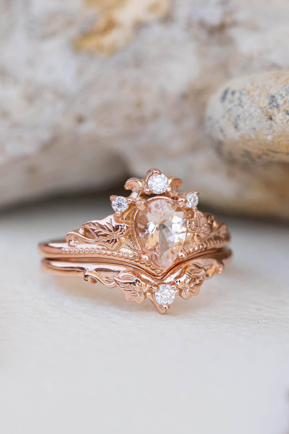 Peach-Pink Morganite Engagement & Wedding Ring Set 14k Rose