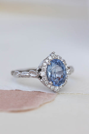 Halo diamond and sapphire engagement ring, white gold leaf engagement ring  / Florentina - Eden Garden Jewelry™