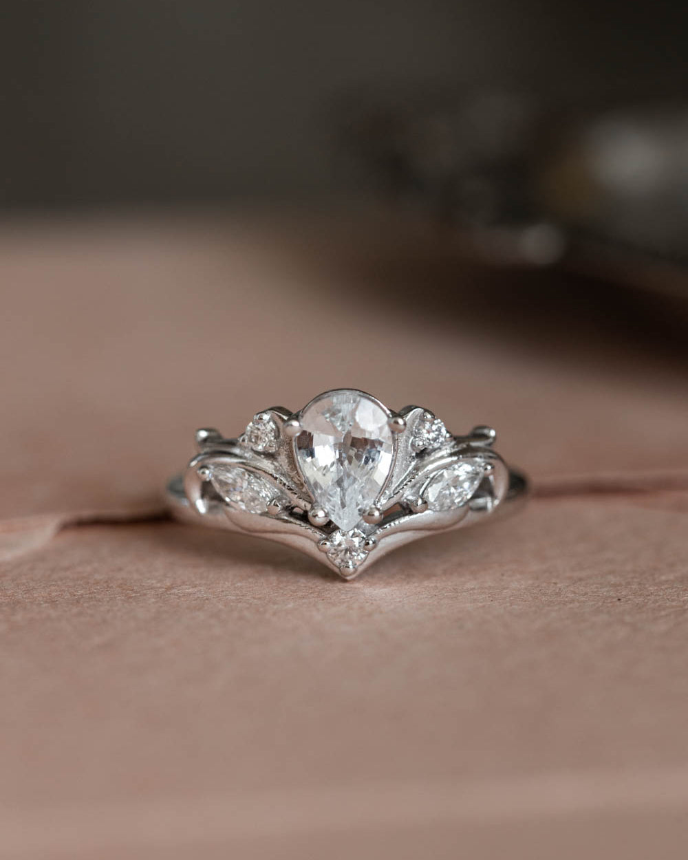 White sapphire gold engagement ring set, nature themed promise ring / Swanlake - Eden Garden Jewelry™