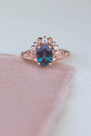 Alexandrite engagement ring with ivy leaves, colour changing gemstone gold ring / Ariadne - Eden Garden Jewelry™