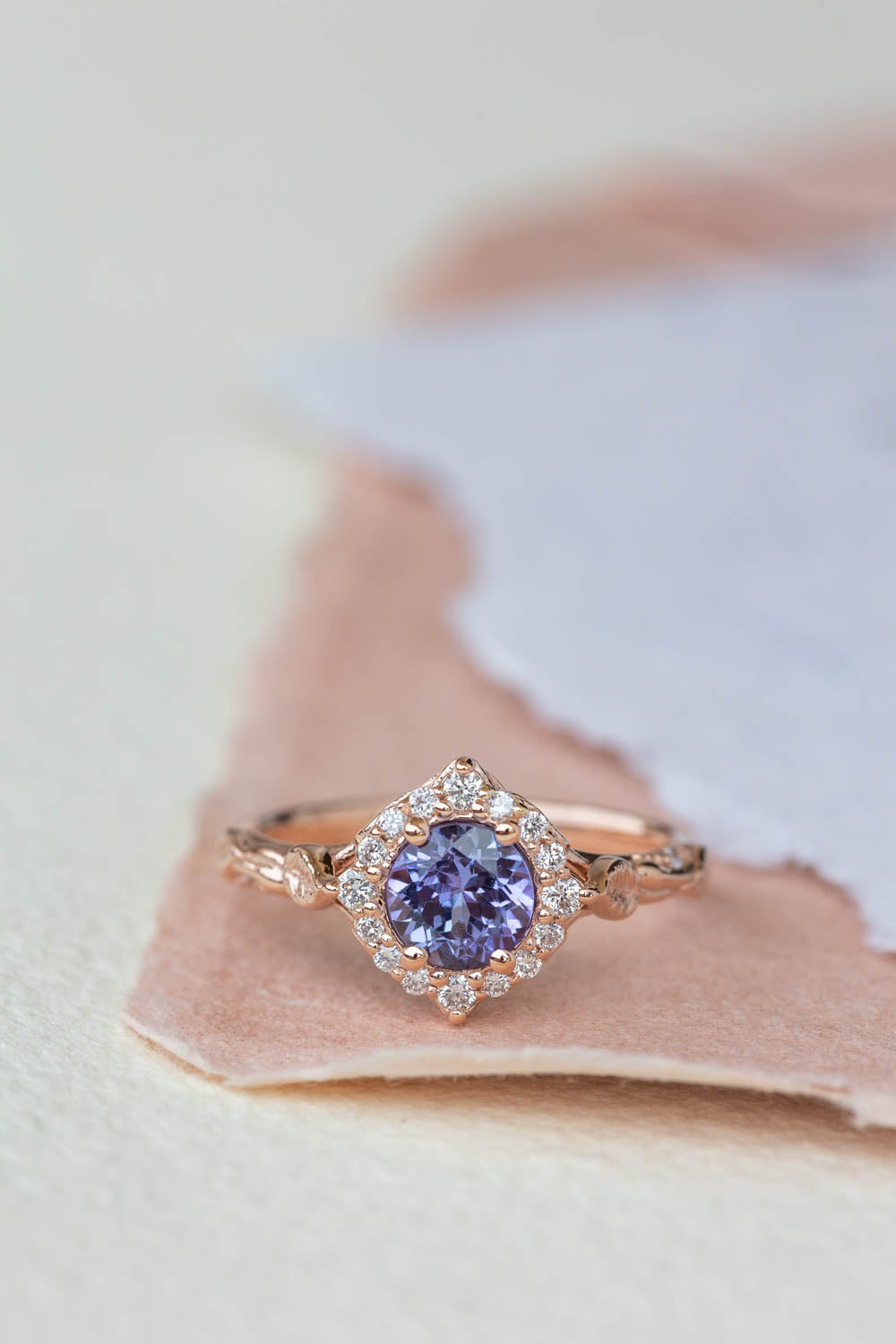 Lavender tanzanite engagement ring with diamond halo, rose gold leaves ring with diamonds / Florentina - Eden Garden Jewelry™