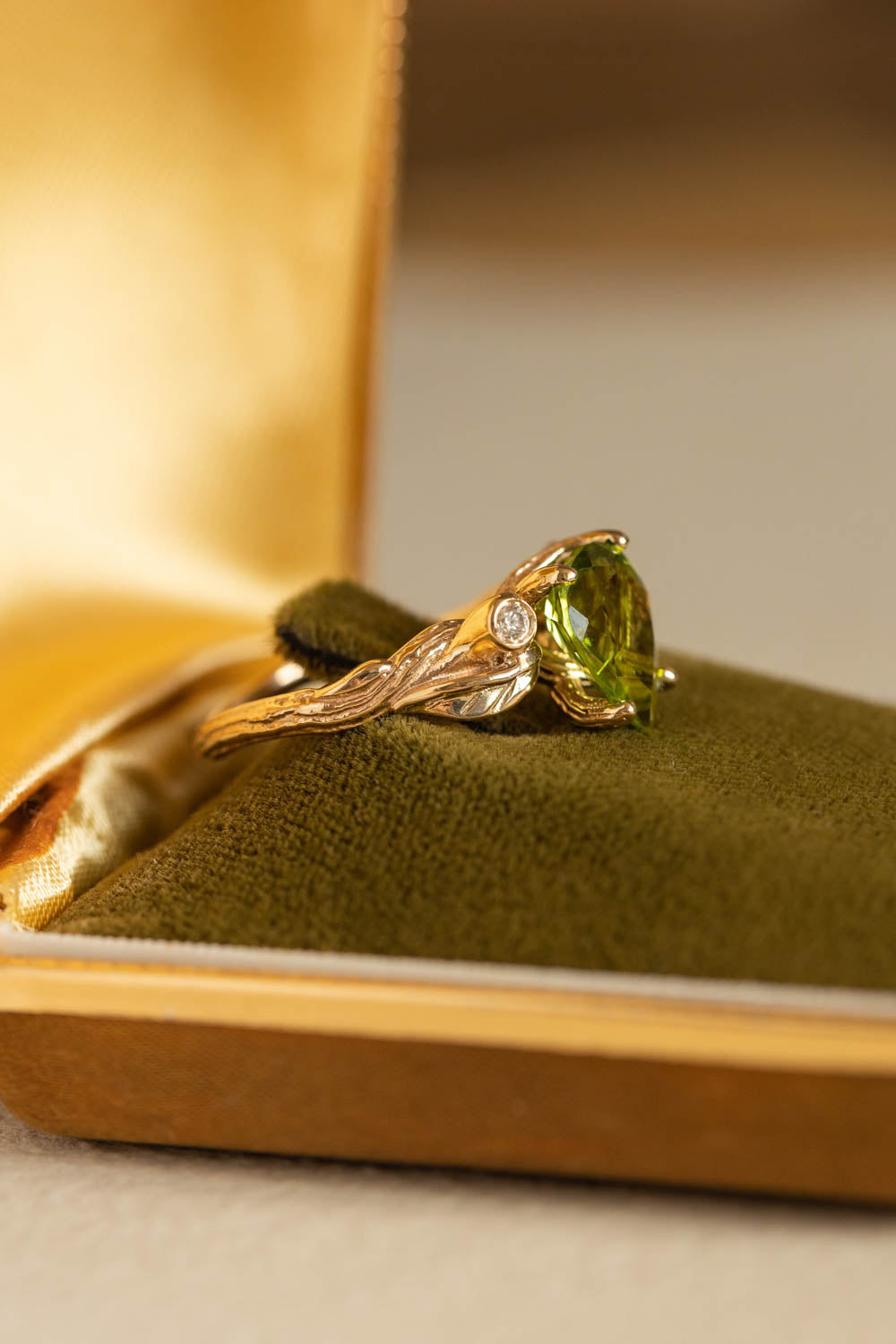 Peridot engagement ring with accent gemstones, big pear gemstone ring / Arius - Eden Garden Jewelry™