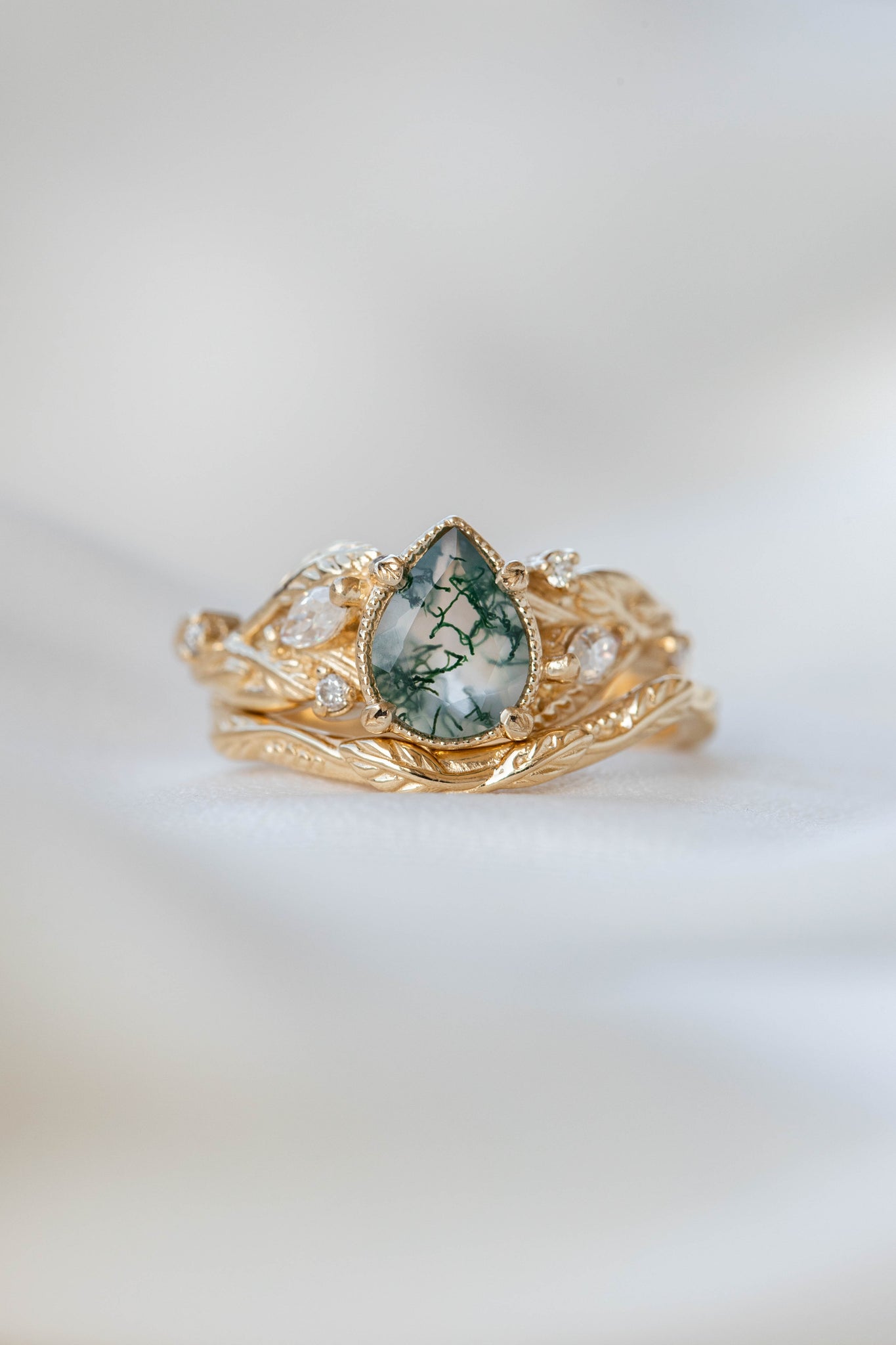 READY TO SHIP: Patricia ring in 14K or 18K yellow/white/rose gold, natural moss agate pear cut 8x6 mm, accent moissanites, AVAILABLE RING SIZES: 6-8US - Eden Garden Jewelry™