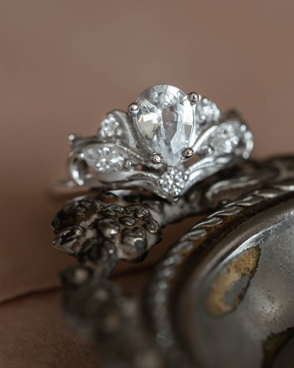 White sapphire gold engagement ring set, nature themed promise ring / Swanlake - Eden Garden Jewelry™
