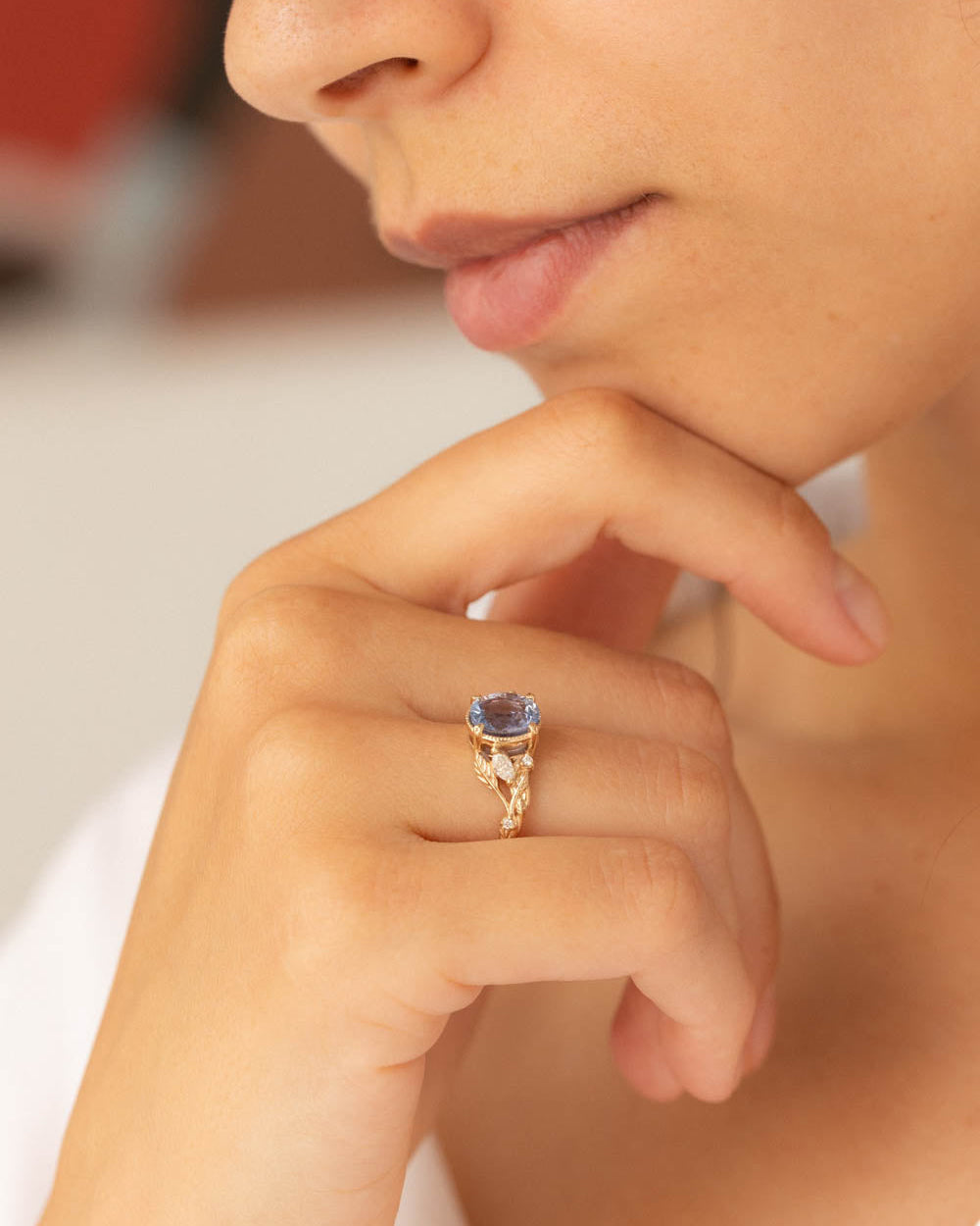 Natural blue sapphire engagement ring, gold leaves and diamonds promise ring / Patricia - Eden Garden Jewelry™