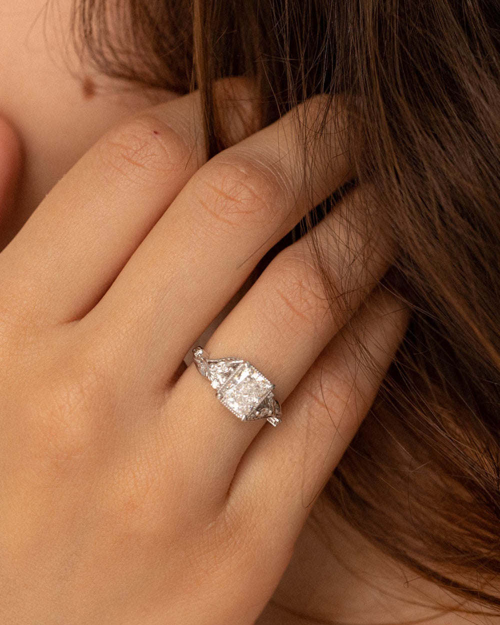 Emerald cut lab grown diamond engagement ring, white gold leaves and diamonds proposal ring / Patricia - Eden Garden Jewelry™