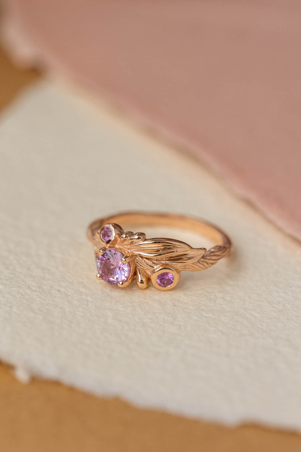 Pink sapphires engagement ring, olive branch gold ring with sapphires / Olivia - Eden Garden Jewelry™