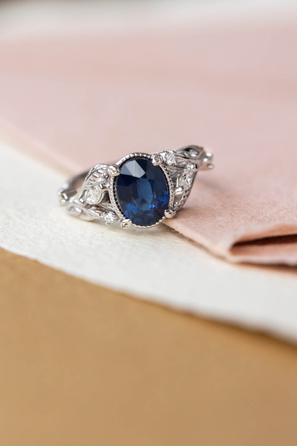 Royal blue sapphire engagement ring, nature inspired white gold proposal ring with diamonds / Patricia - Eden Garden Jewelry™