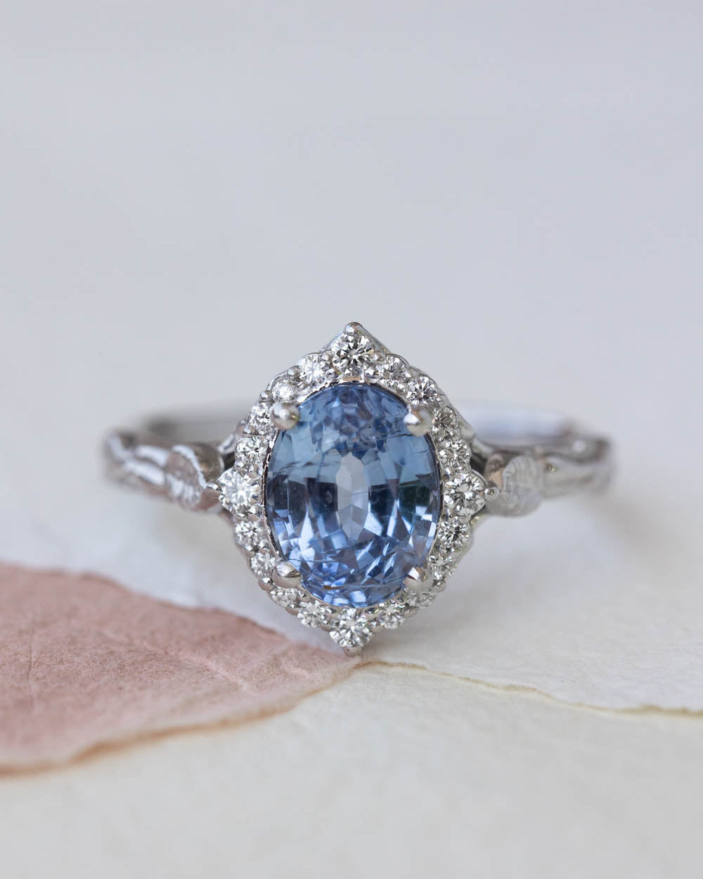Natural sapphire and diamond halo engagement ring set, gorgeous bridal ring set with diamonds / Florentina - Eden Garden Jewelry™