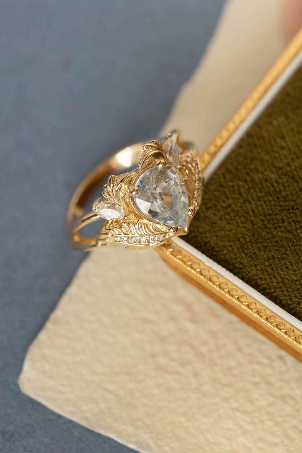 White sapphire engagement ring, gold nature themed proposal ring / Adonis - Eden Garden Jewelry™