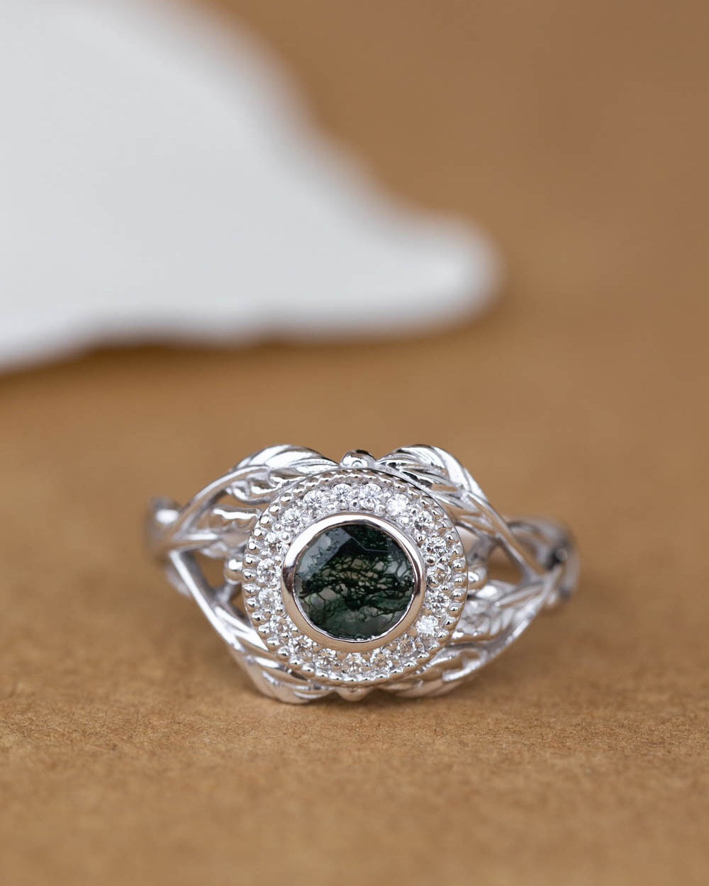 Moss agate and diamond halo engagement ring, nature themed gold branch ring  / Tilia halo - Eden Garden Jewelry™