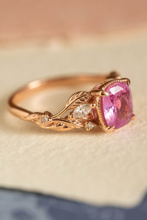 Genuine Pink Sapphire Branch Engagement Ring, Gold Leaves and Diamonds Proposal Ring / Patricia