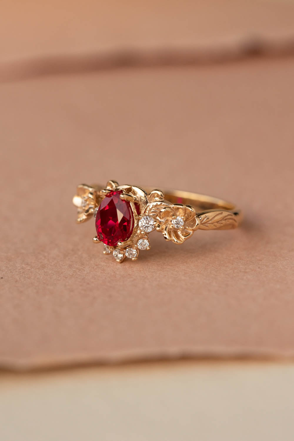 Ruby and crown diamonds engagement ring, gold flower proposal ring / Adelina - Eden Garden Jewelry™