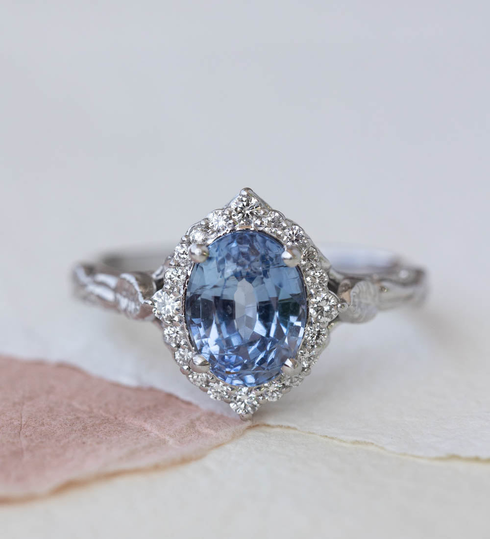 Halo diamond and sapphire engagement ring, white gold leaf engagement ring  / Florentina - Eden Garden Jewelry™