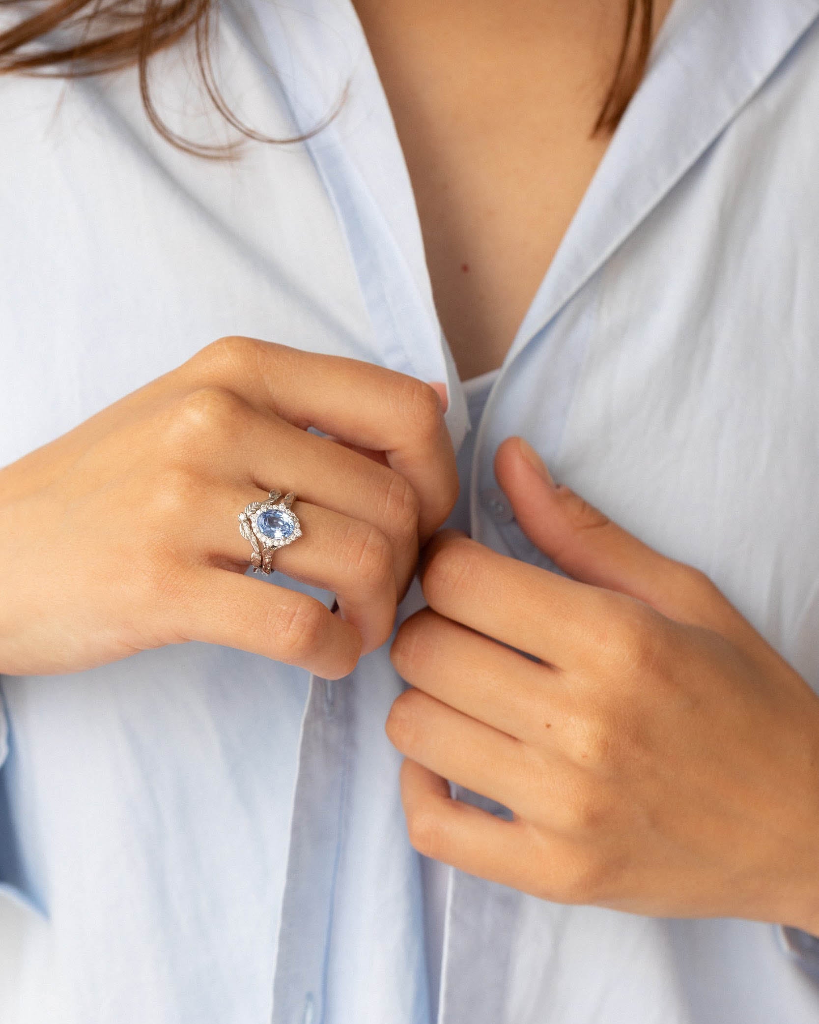 READY TO SHIP: Florentina bridal ring set in 14K white gold, natural sapphire 9x7 mm, natural diamonds, AVAILABLE RING SIZES: 6-8US - Eden Garden Jewelry™