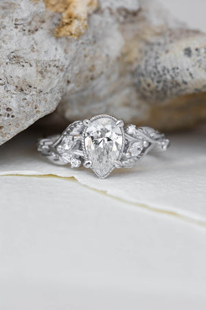 Pear lab grown diamond engagement ring, white gold nature inspired ring with leaves and diamonds / Patricia