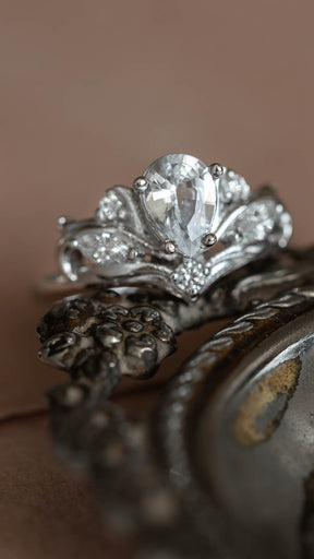 Pear cut white sapphire engagement ring, white gold fantasy ring with diamonds / Swanlake - Eden Garden Jewelry™